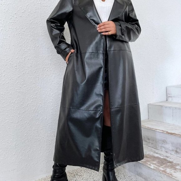 PLUS SIZE BLACK PU LEATHER COLLAR BELTED TRENCH COAT - Picture 4 of 7